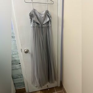 Prom wedding guest dress silver small long cute strap heart neck line flowy